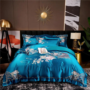 Red Gold Luxury Egyptian Cotton Peony Flower Embroidery Duvet Cover Bedding Set